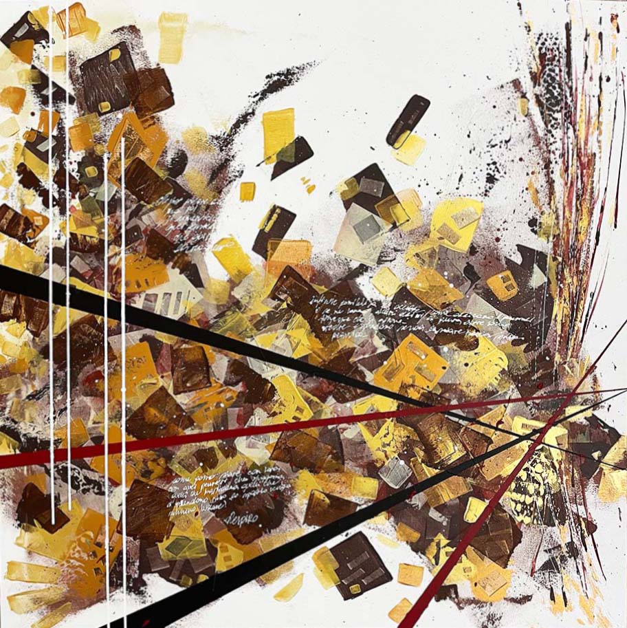 Linee di Pensiero - Dipinto acrilico su tela 80x80cm, rappresenta l'anima di una casa di famiglia centenaria e l'incrocio delle vite che la abitano